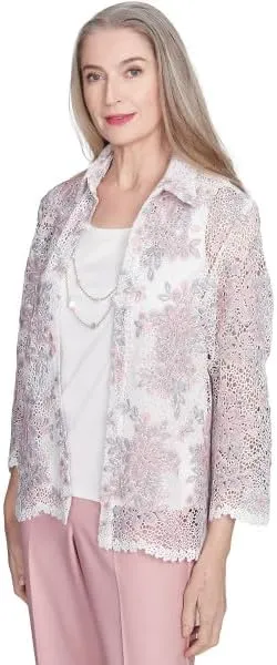 Alfred Dunner Women's Estate of Mind Floral Lace Two In One Top With Necklace