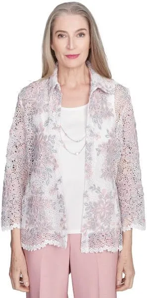 Alfred Dunner Women's Estate of Mind Floral Lace Two In One Top With Necklace