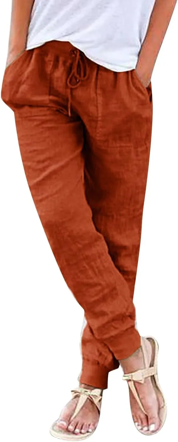 Black Linen Pants Women Tapered Summer Drawstring Elastic Waist High Waisted Lounge Sweatpants Casual Beach Trousers