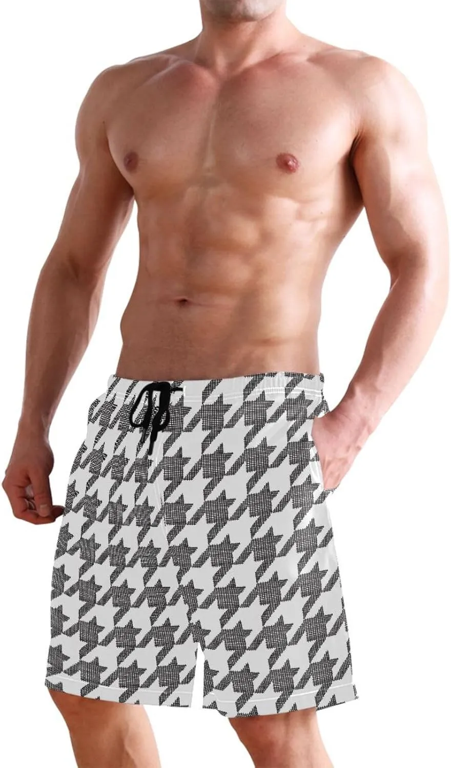 CHIFIGNO Chic Houndstooth Black White Mens Beach Shorts, Small Quick Dry Beach Shorts, Surf Trunks Men