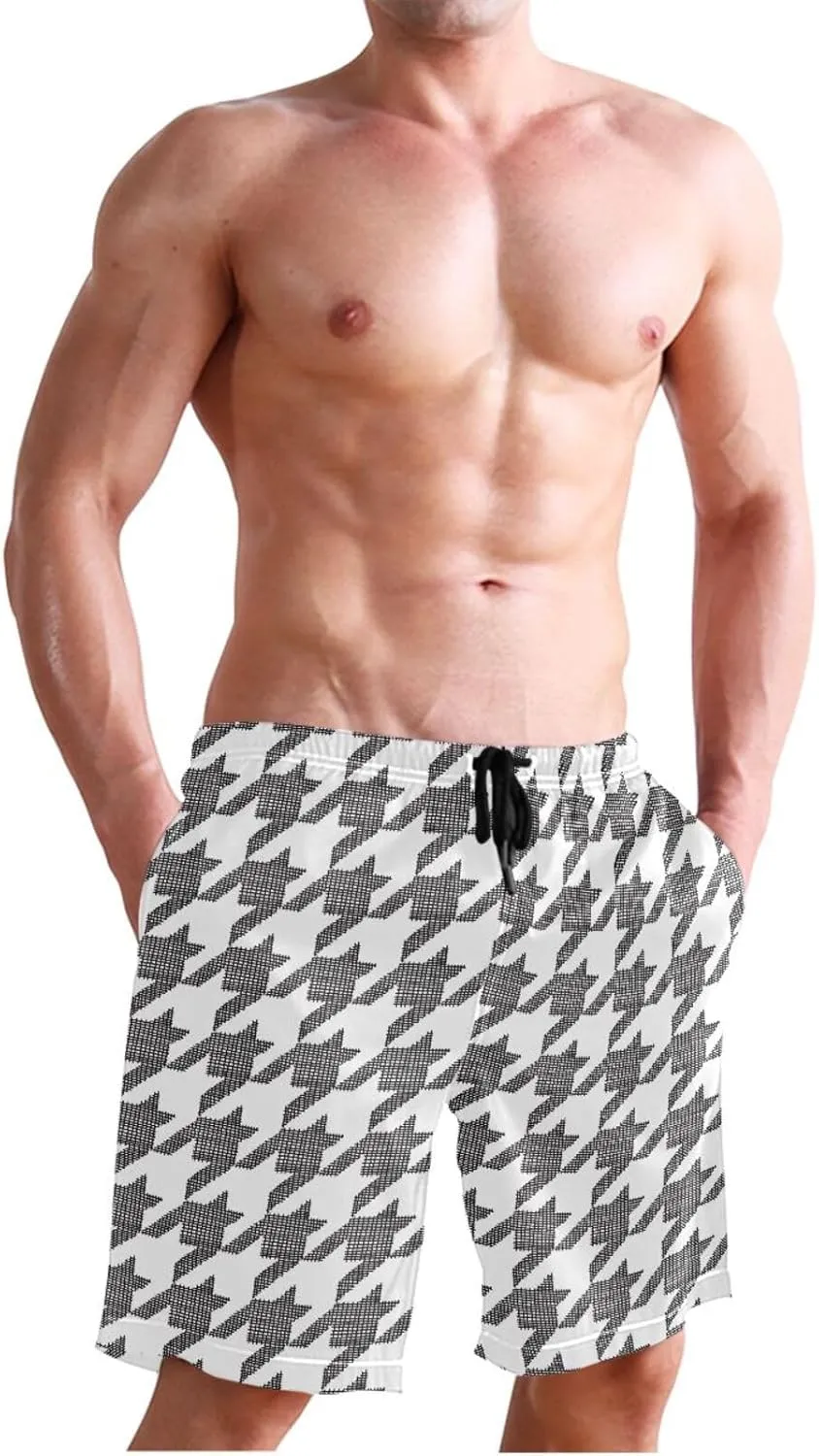 CHIFIGNO Chic Houndstooth Black White Mens Beach Shorts, Small Quick Dry Beach Shorts, Surf Trunks Men