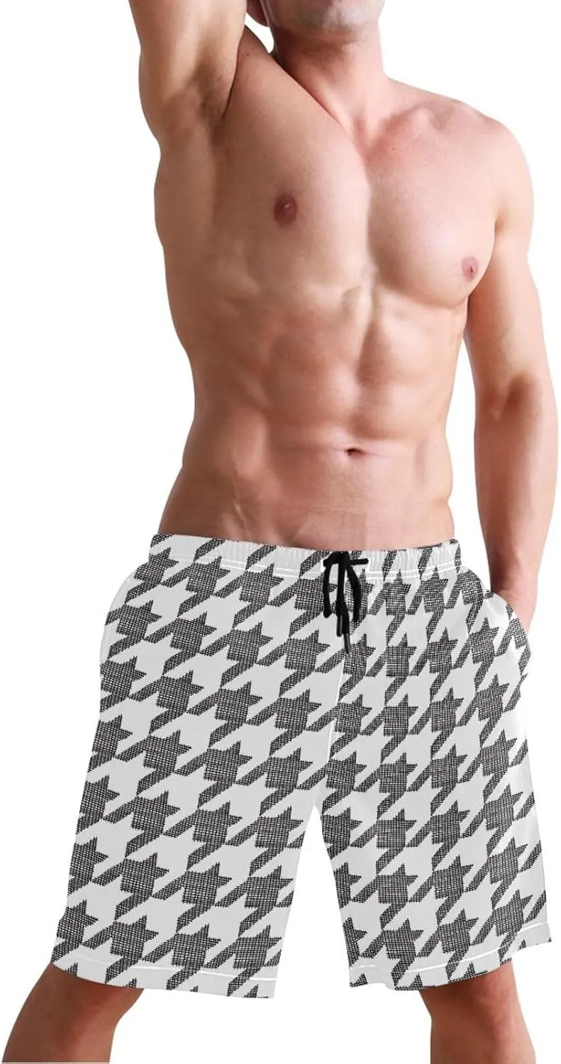 CHIFIGNO Chic Houndstooth Black White Mens Beach Shorts, Small Quick Dry Beach Shorts, Surf Trunks Men