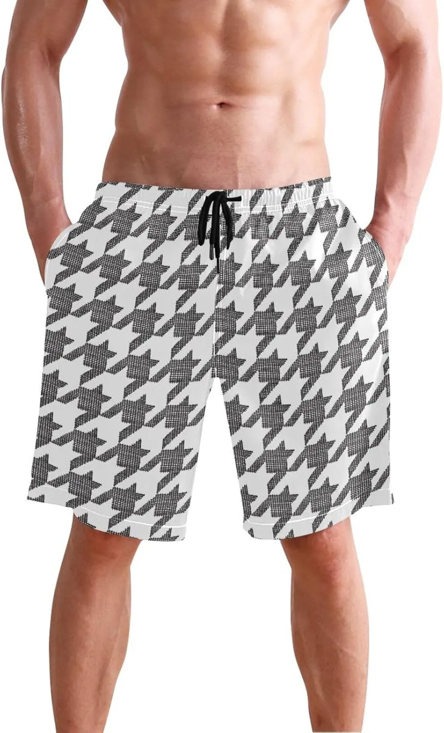 CHIFIGNO Chic Houndstooth Black White Mens Beach Shorts, Small Quick Dry Beach Shorts, Surf Trunks Men