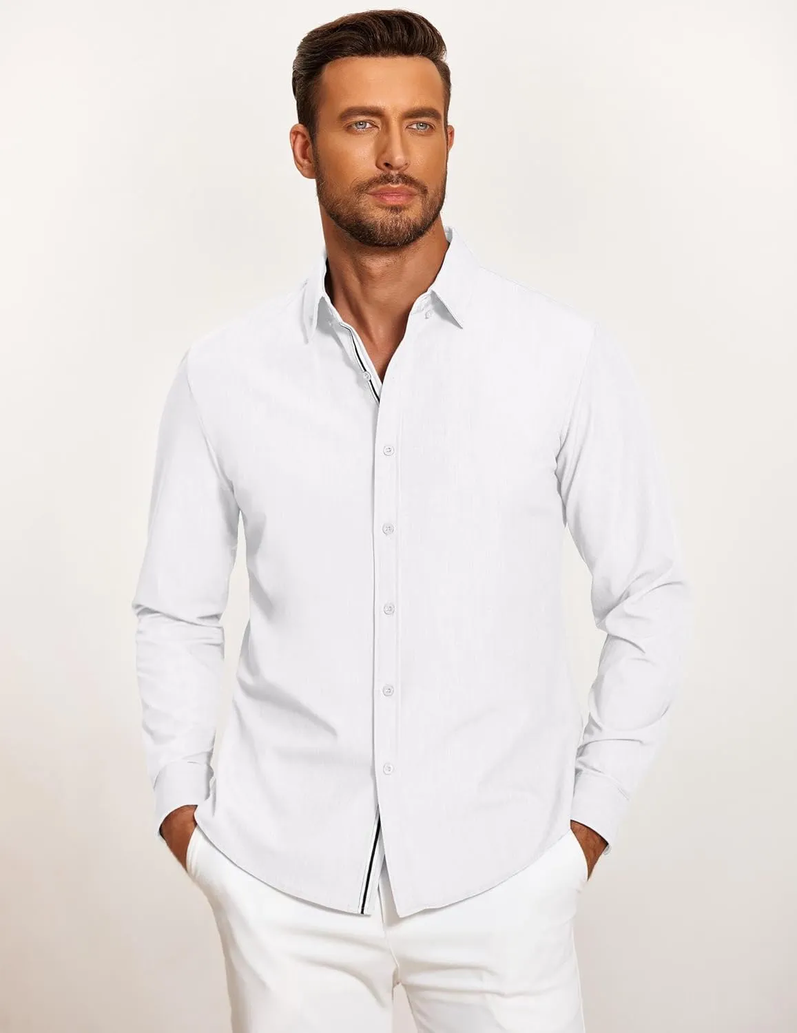 COOFANDY Mens Casual Button Down Shirt Untucked Long Sleeve Stretch Denim Dress Shirt