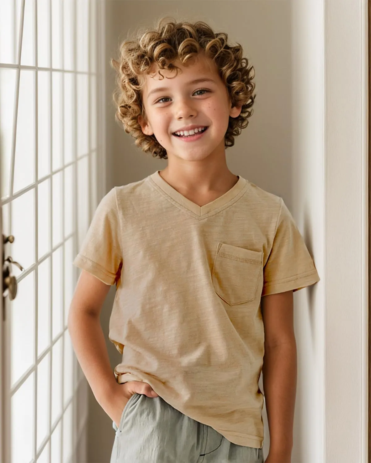 CUNYI Little Boys' V-Neck Pocket T-Shirt 100% Cotton Short Sleeve Solid Summer Tops