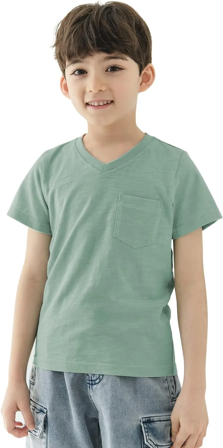 CUNYI Little Boys' V-Neck Pocket T-Shirt 100% Cotton Short Sleeve Solid Summer Tops