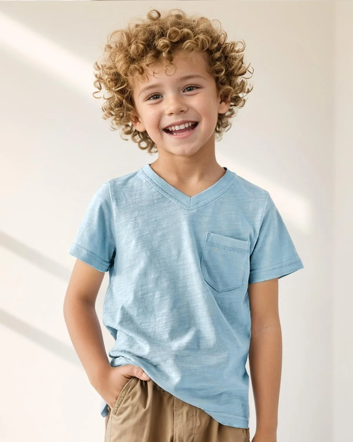 CUNYI Little Boys' V-Neck Pocket T-Shirt 100% Cotton Short Sleeve Solid Summer Tops
