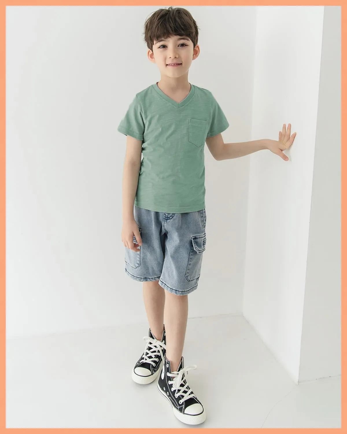 CUNYI Little Boys' V-Neck Pocket T-Shirt 100% Cotton Short Sleeve Solid Summer Tops