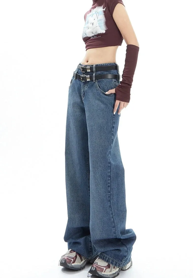 Double-Belted Wide-Leg Faded Denim Jeans