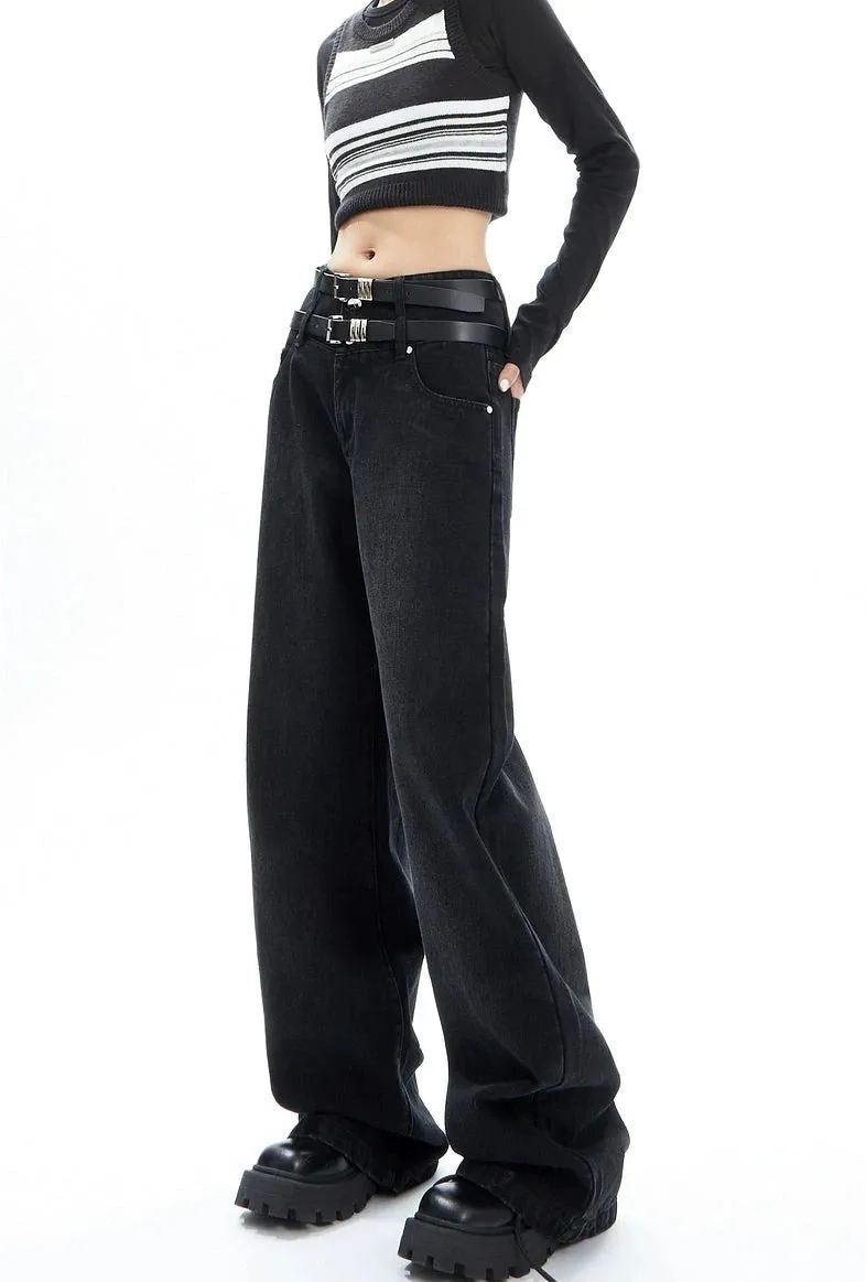 Double-Belted Wide-Leg Faded Denim Jeans