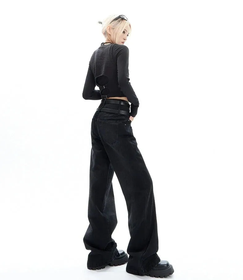 Double-Belted Wide-Leg Faded Denim Jeans