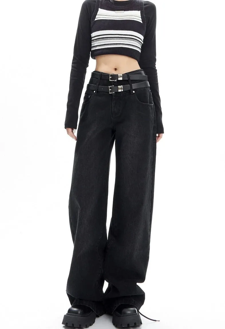 Double-Belted Wide-Leg Faded Denim Jeans