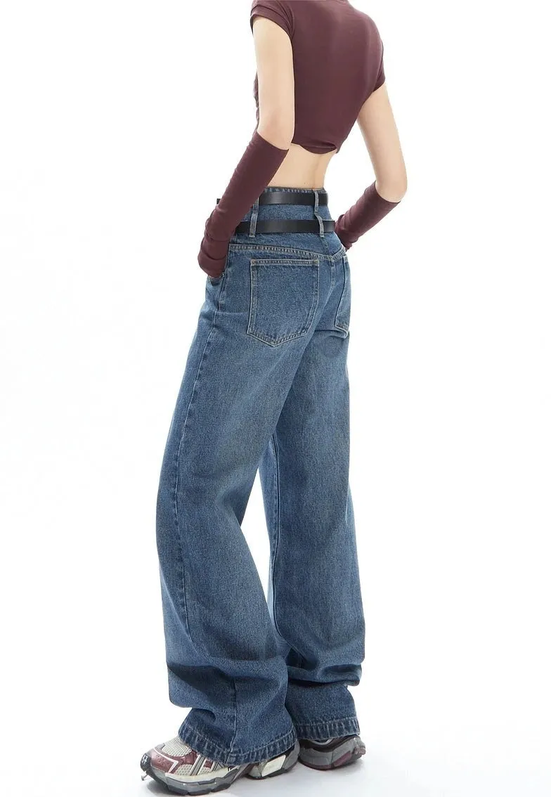 Double-Belted Wide-Leg Faded Denim Jeans