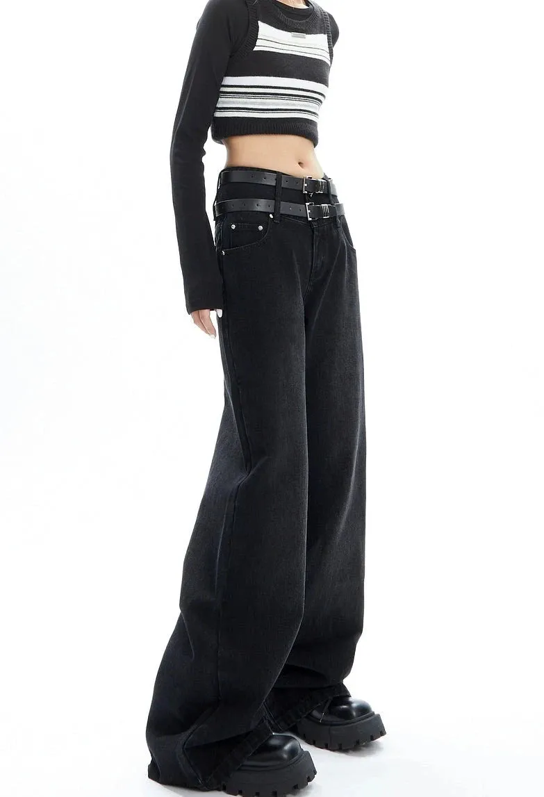 Double-Belted Wide-Leg Faded Denim Jeans