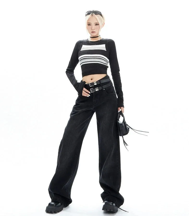 Double-Belted Wide-Leg Faded Denim Jeans
