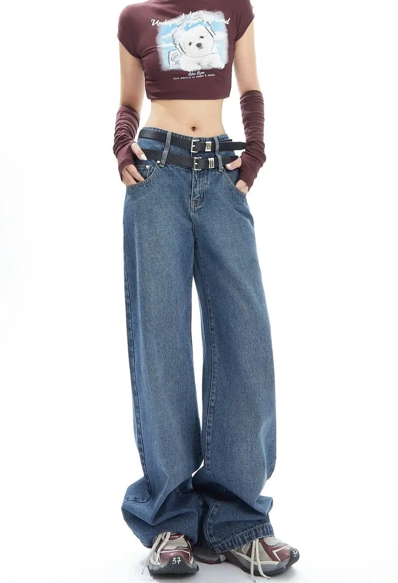 Double-Belted Wide-Leg Faded Denim Jeans