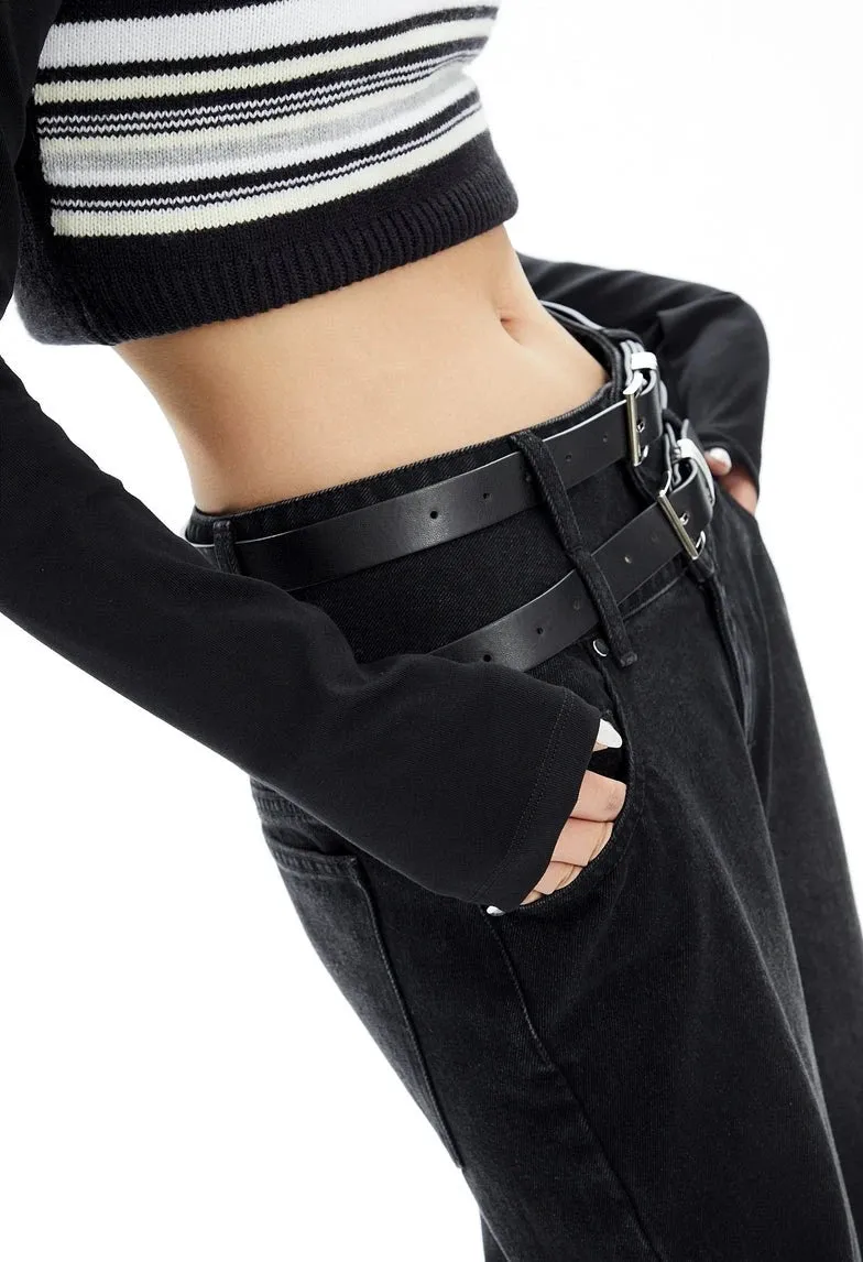 Double-Belted Wide-Leg Faded Denim Jeans
