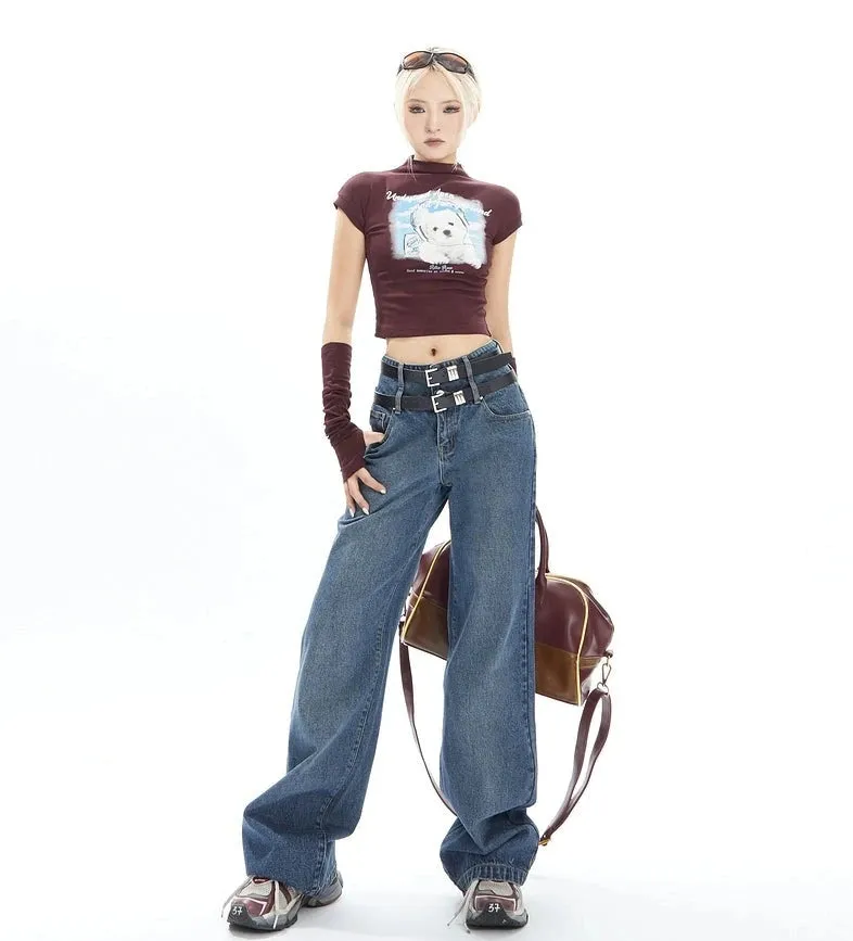 Double-Belted Wide-Leg Faded Denim Jeans