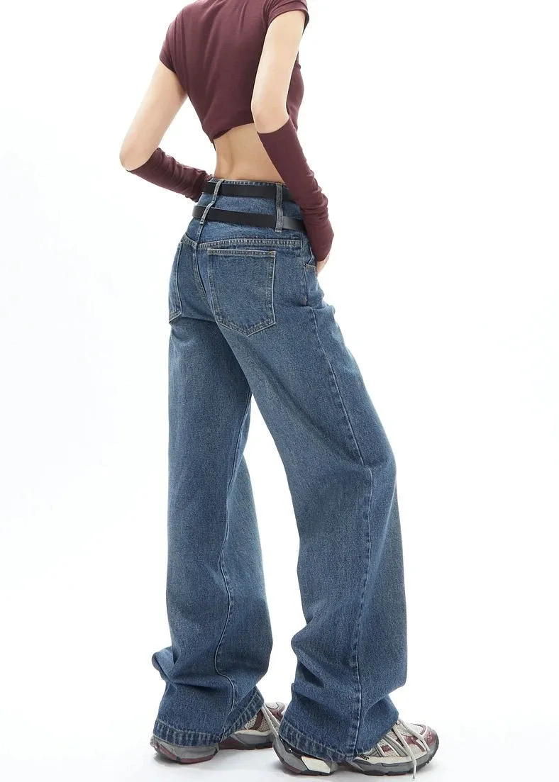 Double-Belted Wide-Leg Faded Denim Jeans