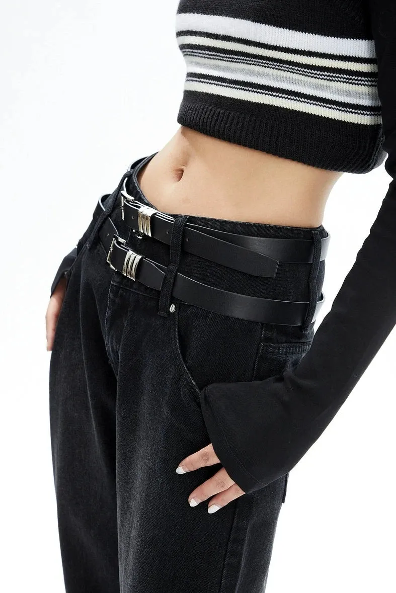 Double-Belted Wide-Leg Faded Denim Jeans