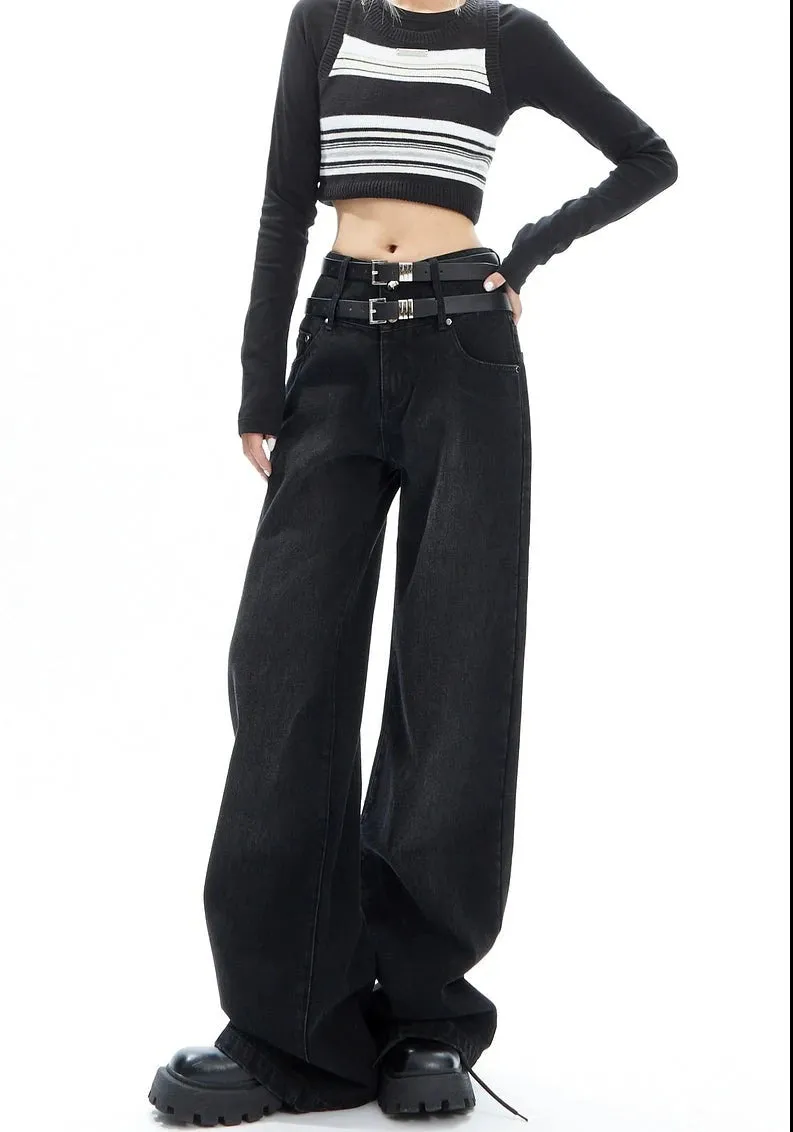 Double-Belted Wide-Leg Faded Denim Jeans