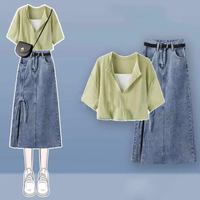 Fake Two Pieces Crop Top T-Shirt Split Denim Skirt