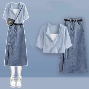 Fake Two Pieces Crop Top T-Shirt Split Denim Skirt