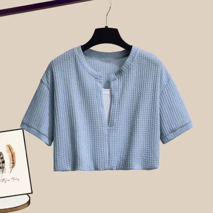 Fake Two Pieces Crop Top T-Shirt Split Denim Skirt