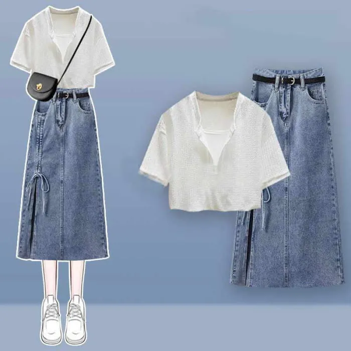 Fake Two Pieces Crop Top T-Shirt Split Denim Skirt