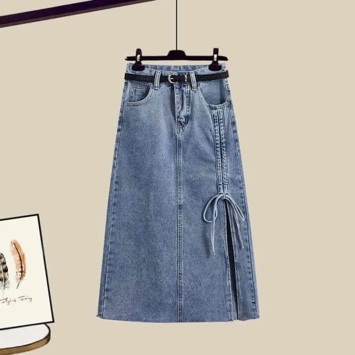 Fake Two Pieces Crop Top T-Shirt Split Denim Skirt