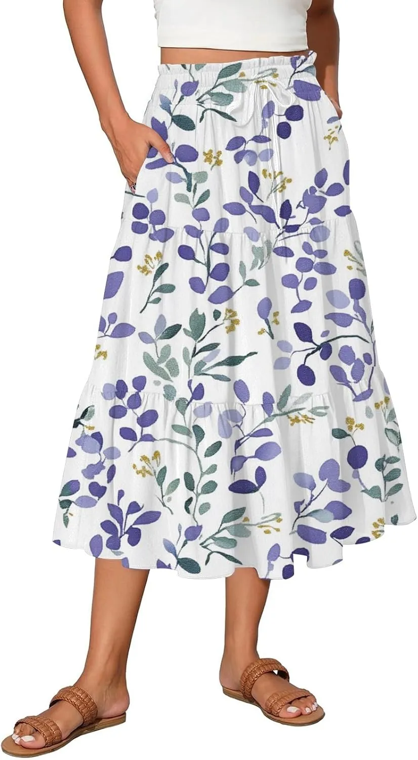 Flowy Skirts for Women Vintage Gradient Print Flowy Flared Ruffle A-Line Skirts Casual Fashion Maxi Skirt