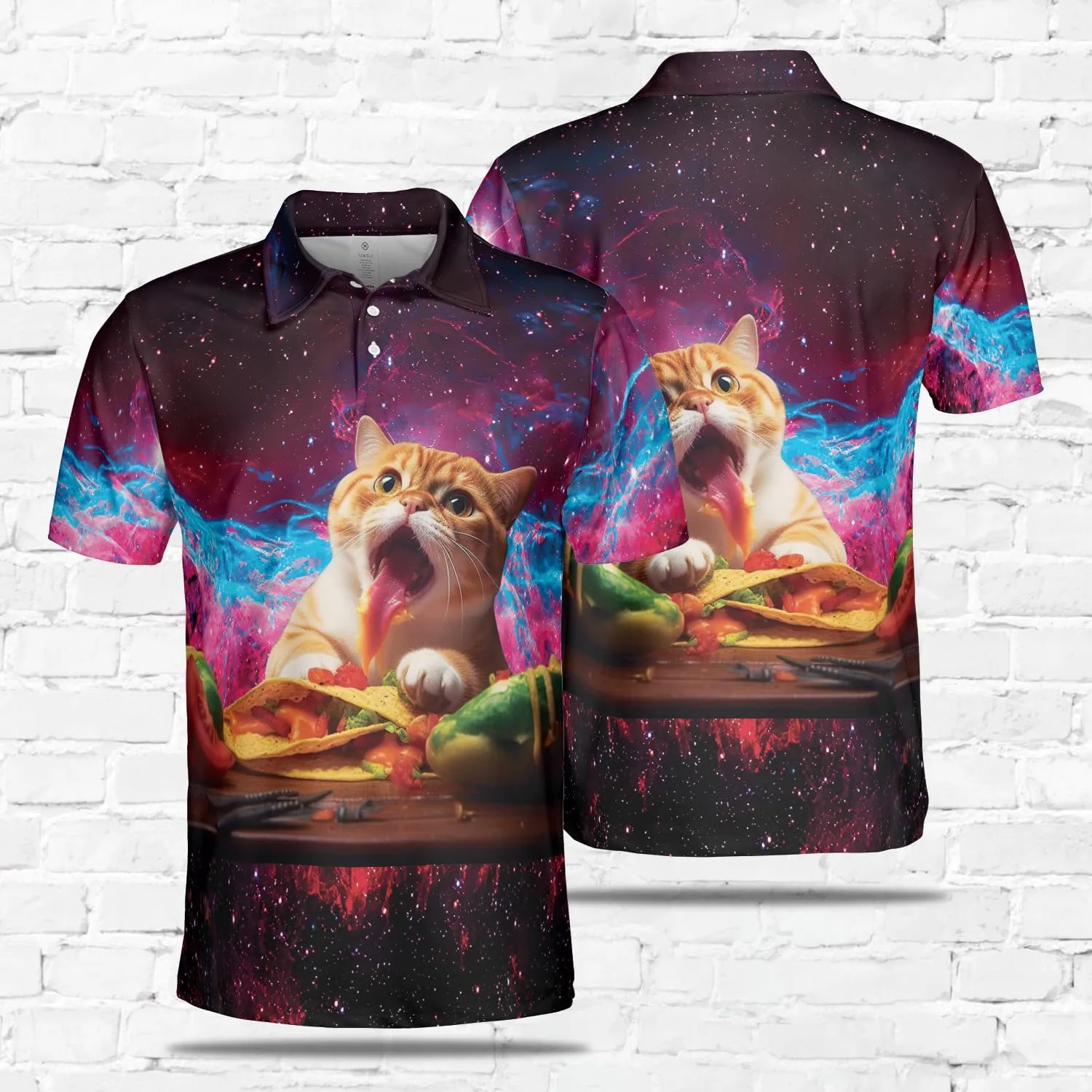 Funny Cat Polo Shirts for Men - Galaxy Cat Men's Regular Fit Quick Dry Golf Polo Shirt Series 02