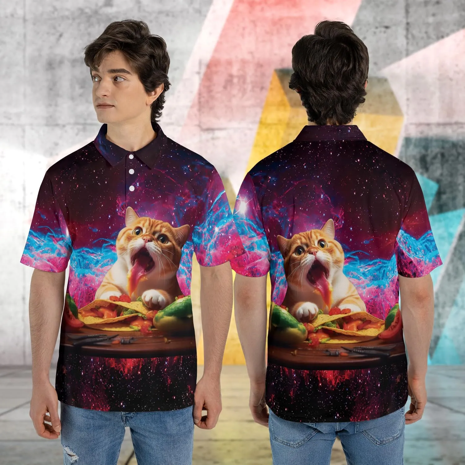 Funny Cat Polo Shirts for Men - Galaxy Cat Men's Regular Fit Quick Dry Golf Polo Shirt Series 02