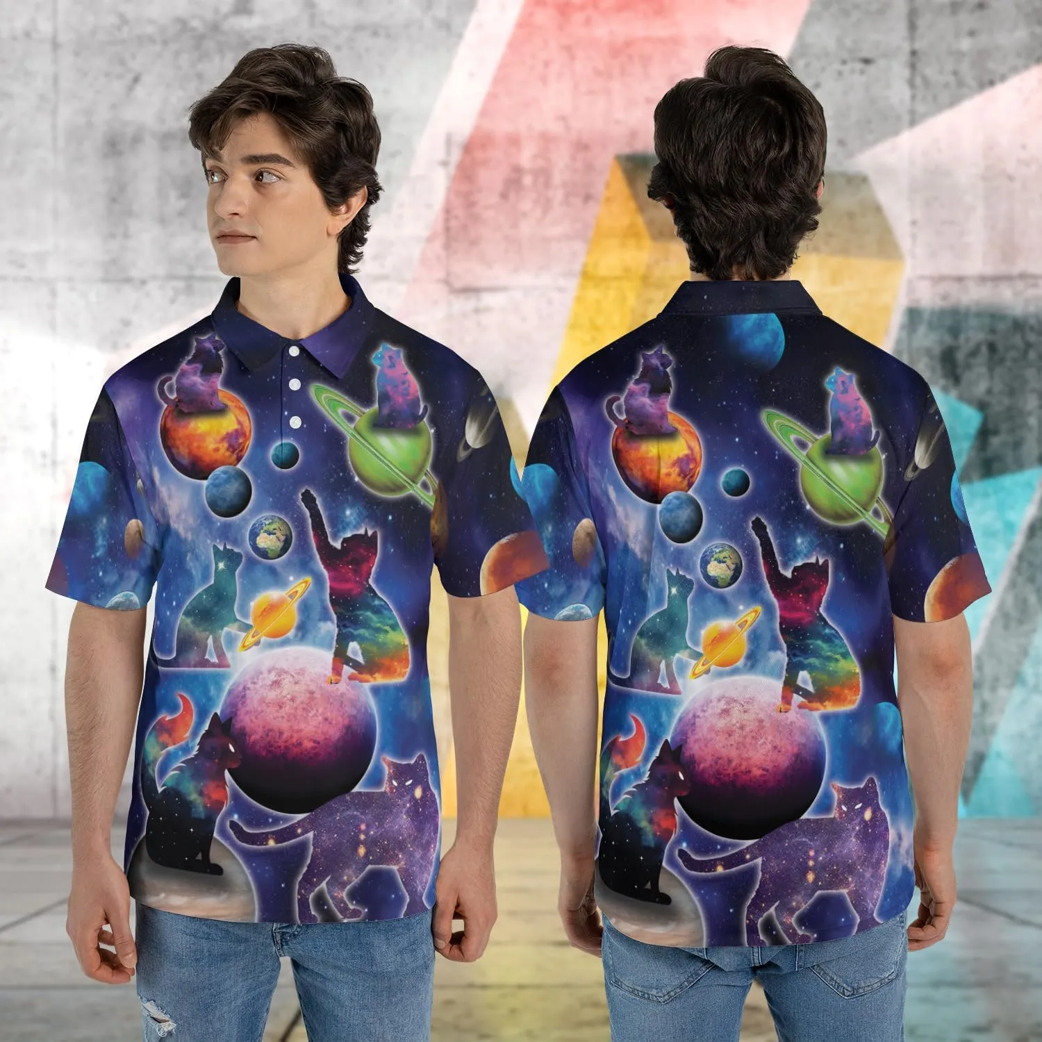 Funny Cat Polo Shirts for Men - Galaxy Cat Men's Regular Fit Quick Dry Golf Polo Shirt Series 02