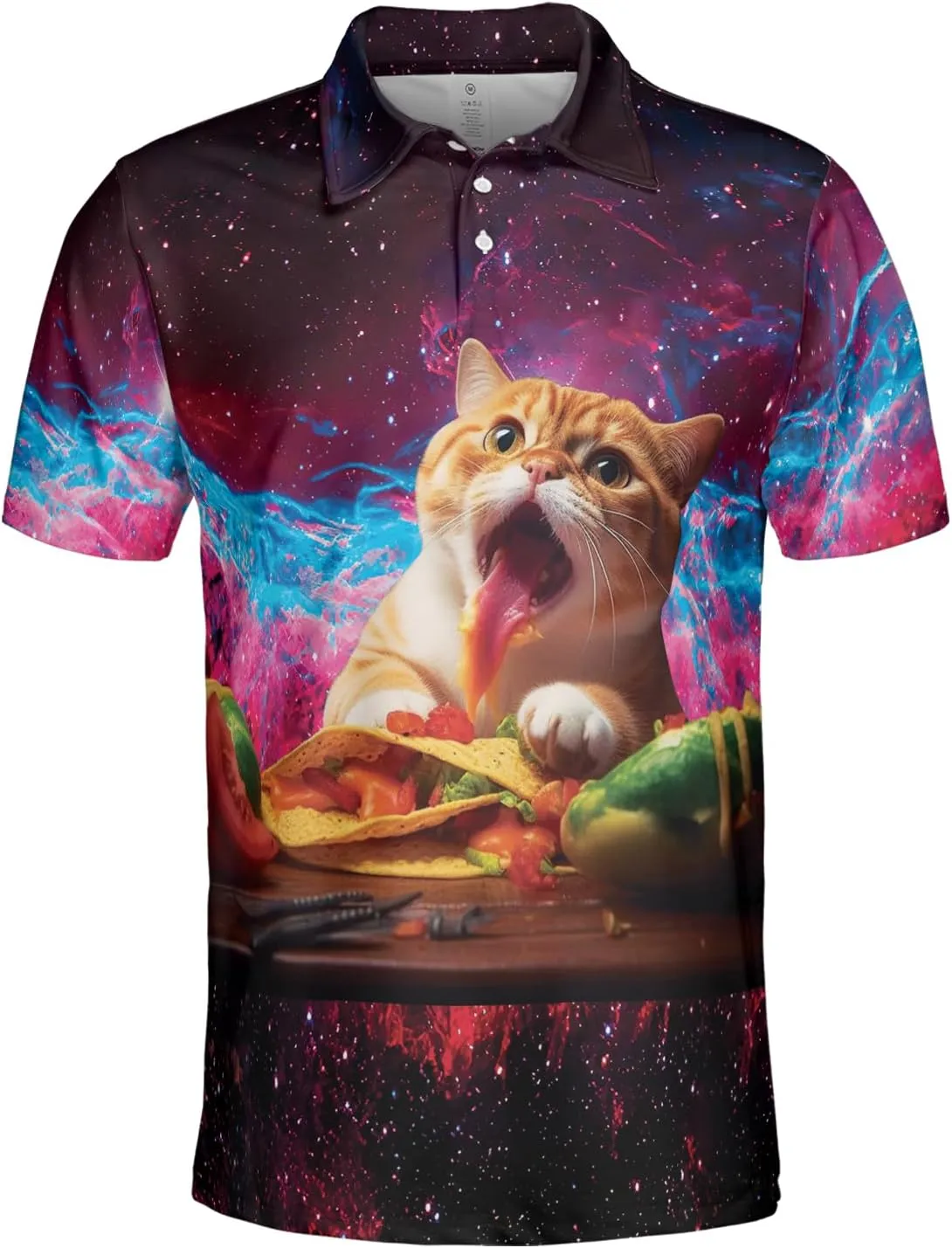 Funny Cat Polo Shirts for Men - Galaxy Cat Men's Regular Fit Quick Dry Golf Polo Shirt Series 02