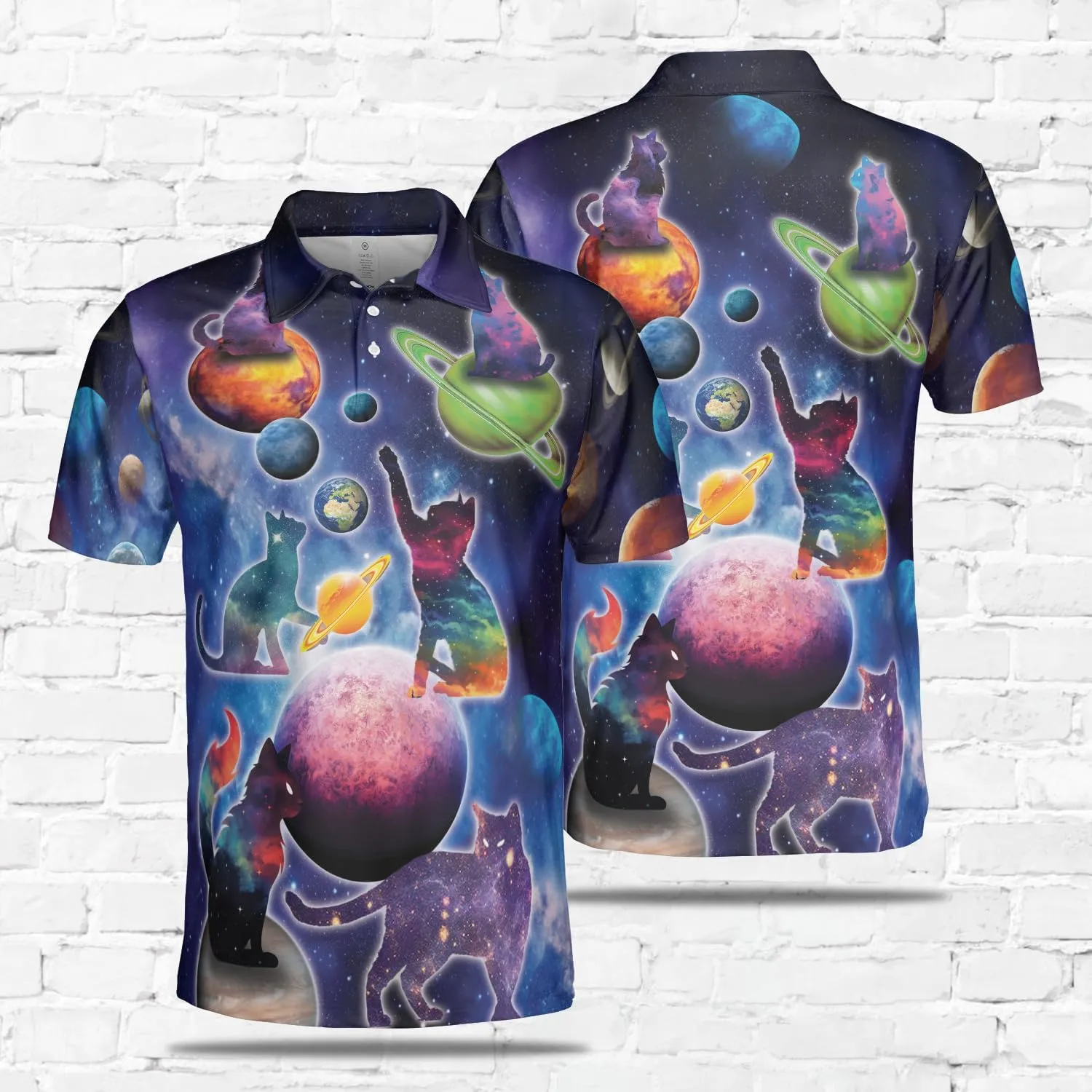 Funny Cat Polo Shirts for Men - Galaxy Cat Men's Regular Fit Quick Dry Golf Polo Shirt Series 02