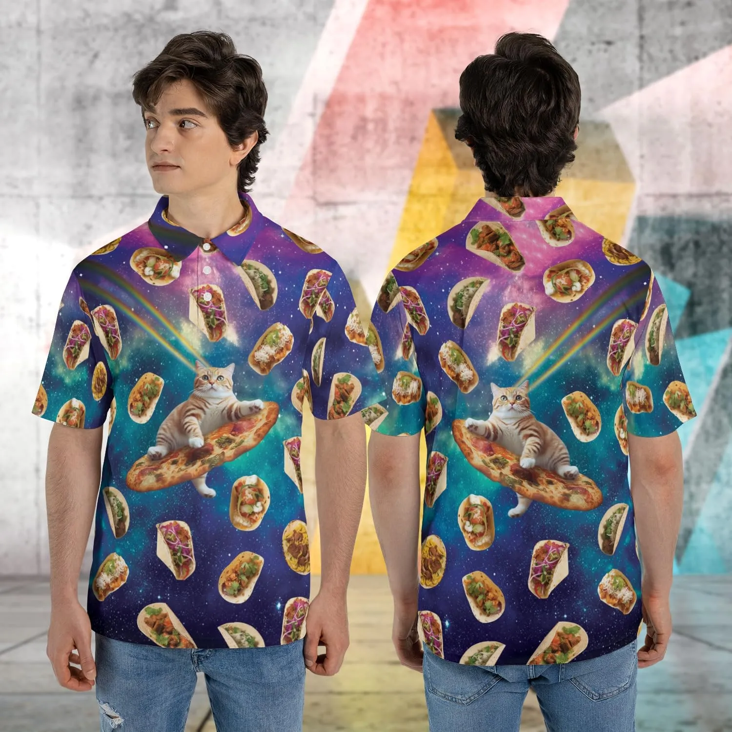 Funny Cat Polo Shirts for Men - Galaxy Cat Men's Regular Fit Quick Dry Golf Polo Shirt Series 02