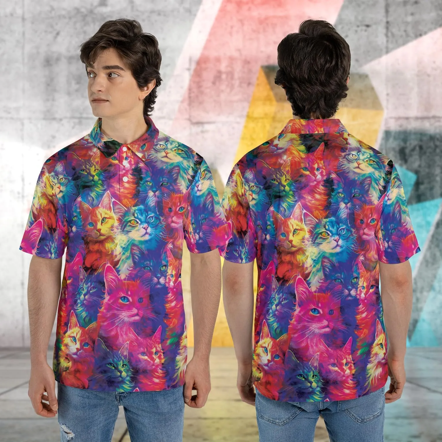 Funny Cat Polo Shirts for Men - Galaxy Cat Men's Regular Fit Quick Dry Golf Polo Shirt Series 02