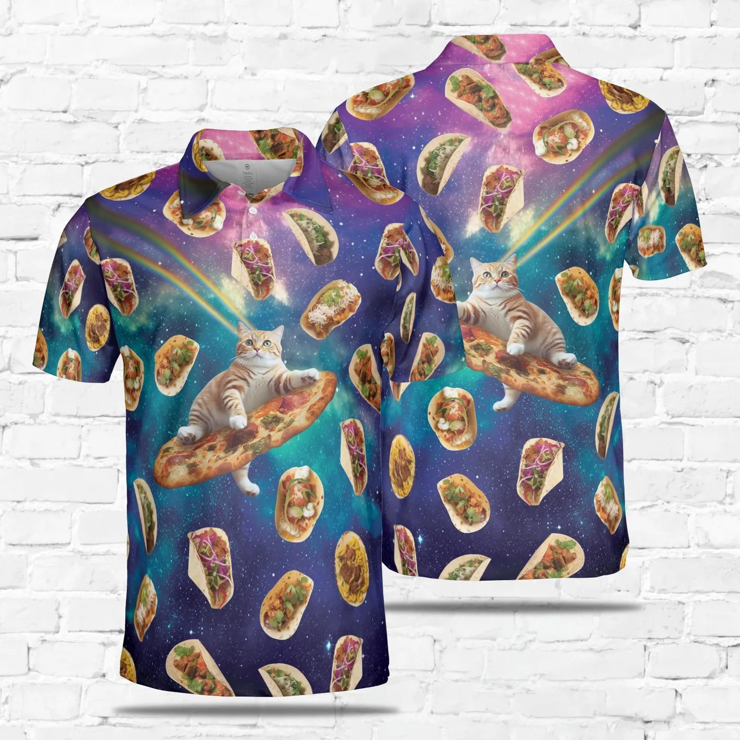 Funny Cat Polo Shirts for Men - Galaxy Cat Men's Regular Fit Quick Dry Golf Polo Shirt Series 02