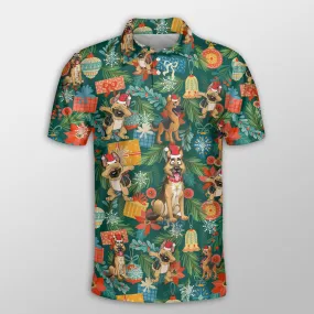 German Shepherd Christmas Poinsettia Mistletoe Gift Dog Button Polo Shirt