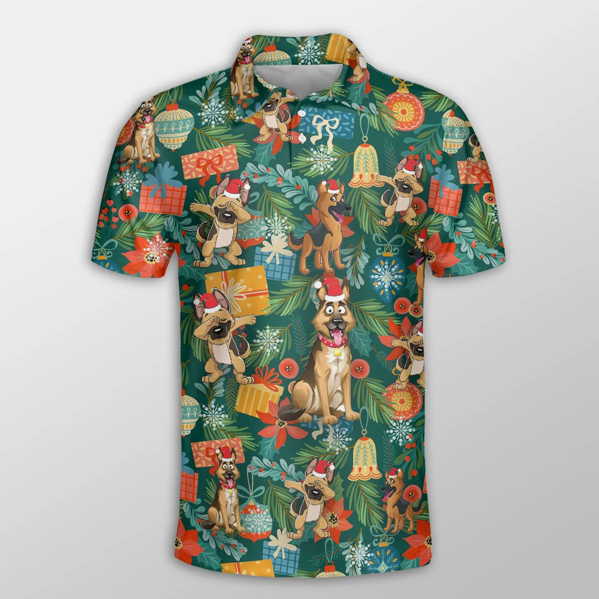 German Shepherd Christmas Poinsettia Mistletoe Gift Dog Button Polo Shirt