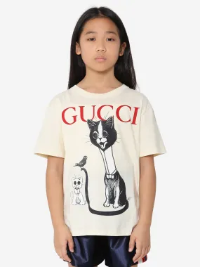 Gucci Kids Cat Print T-Shirt in Ivory
