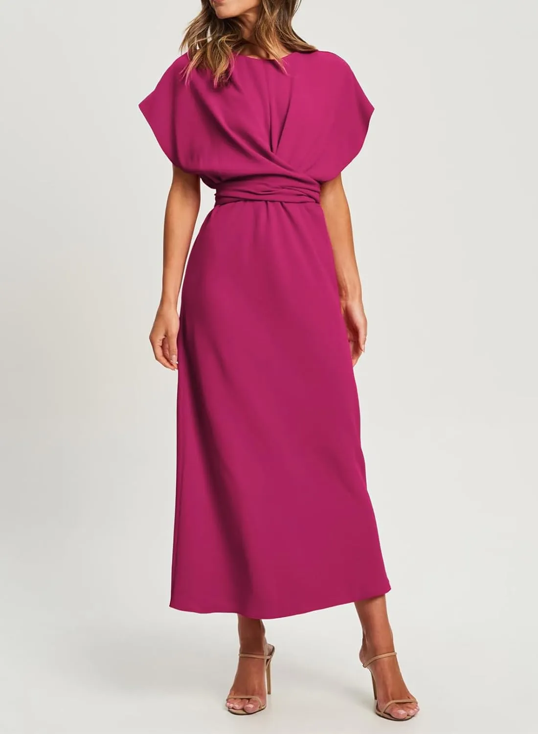 Happy Sailed Womens Formal Dress 2025 Trendy Elegant Batwing Sleeve Front Wrap Tie Waist Long Maxi Cocktail Party Dresses