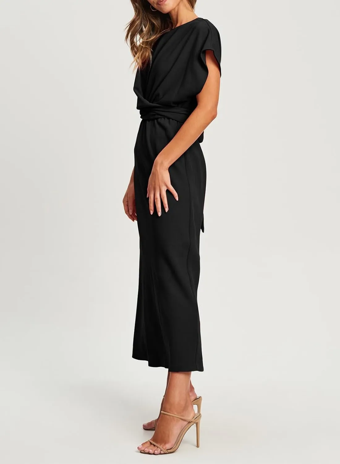 Happy Sailed Womens Formal Dress 2025 Trendy Elegant Batwing Sleeve Front Wrap Tie Waist Long Maxi Cocktail Party Dresses