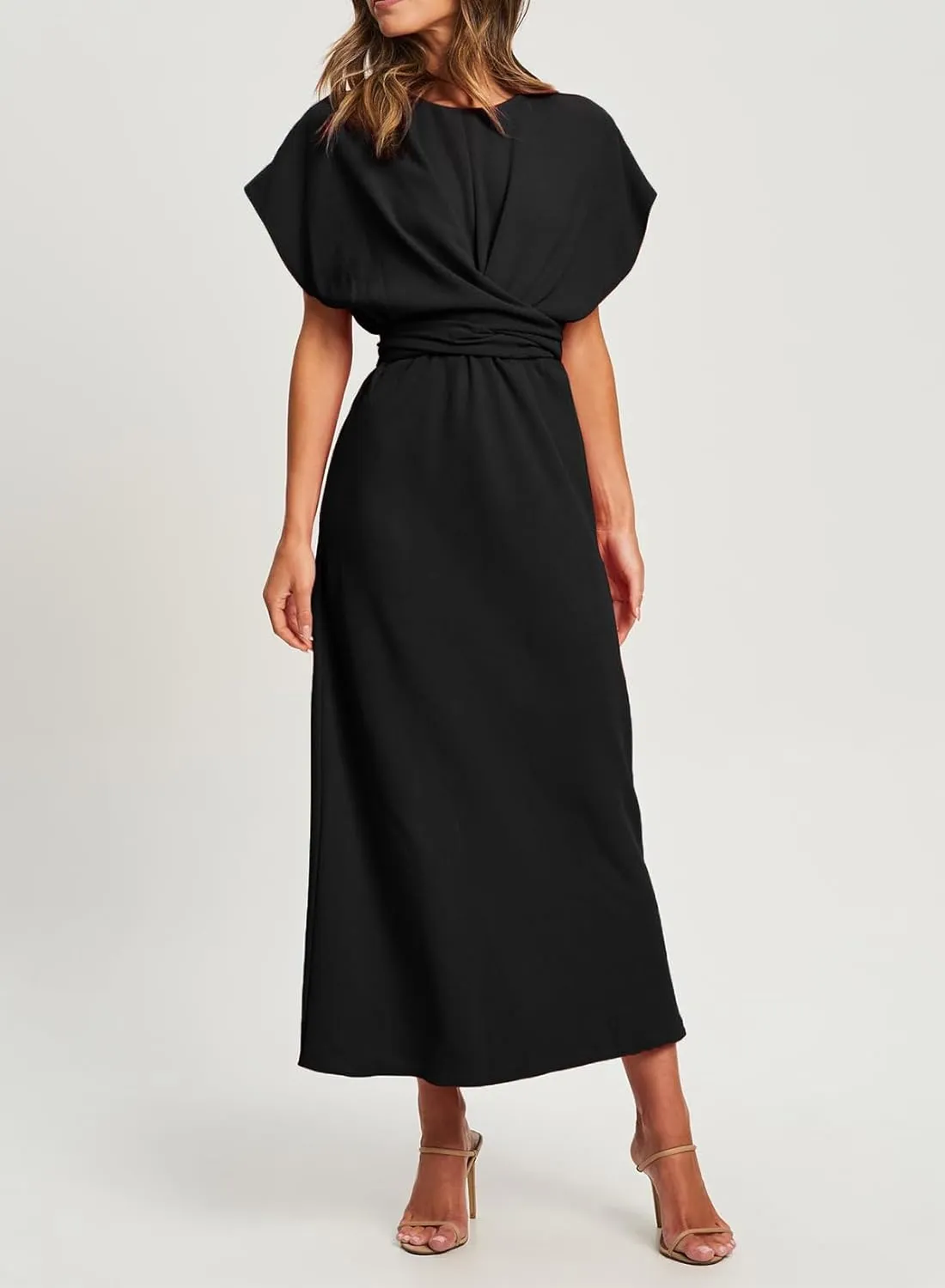 Happy Sailed Womens Formal Dress 2025 Trendy Elegant Batwing Sleeve Front Wrap Tie Waist Long Maxi Cocktail Party Dresses