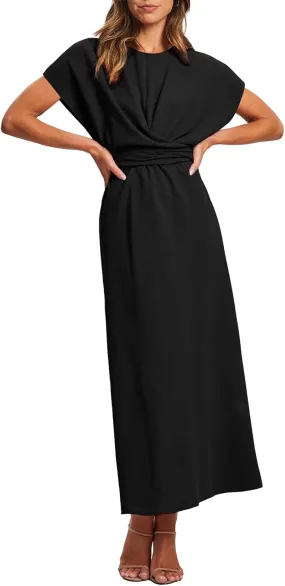 Happy Sailed Womens Formal Dress 2025 Trendy Elegant Batwing Sleeve Front Wrap Tie Waist Long Maxi Cocktail Party Dresses