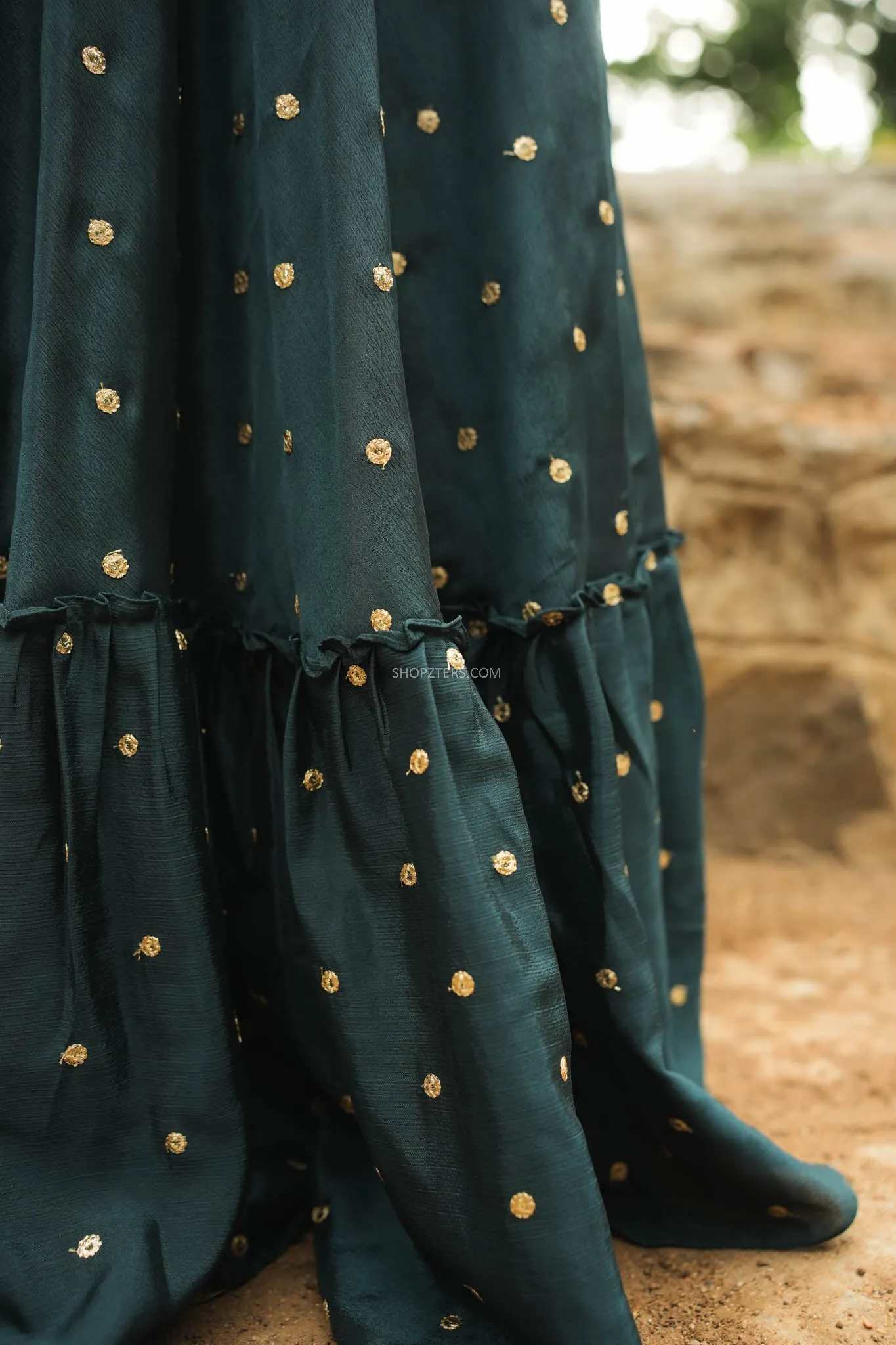 Jade Green Flared Lehenga With Embroidered Buttas