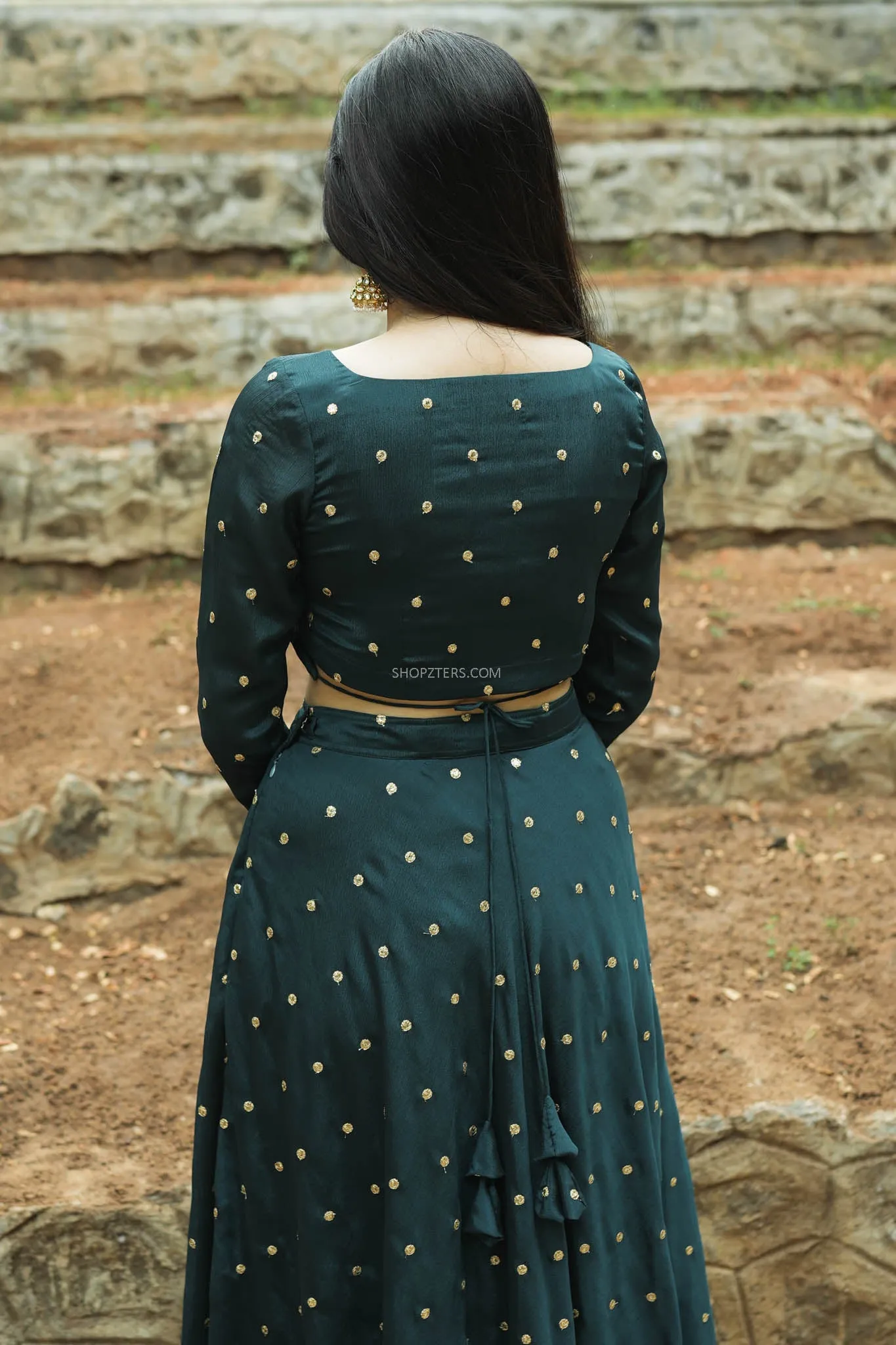Jade Green Flared Lehenga With Embroidered Buttas