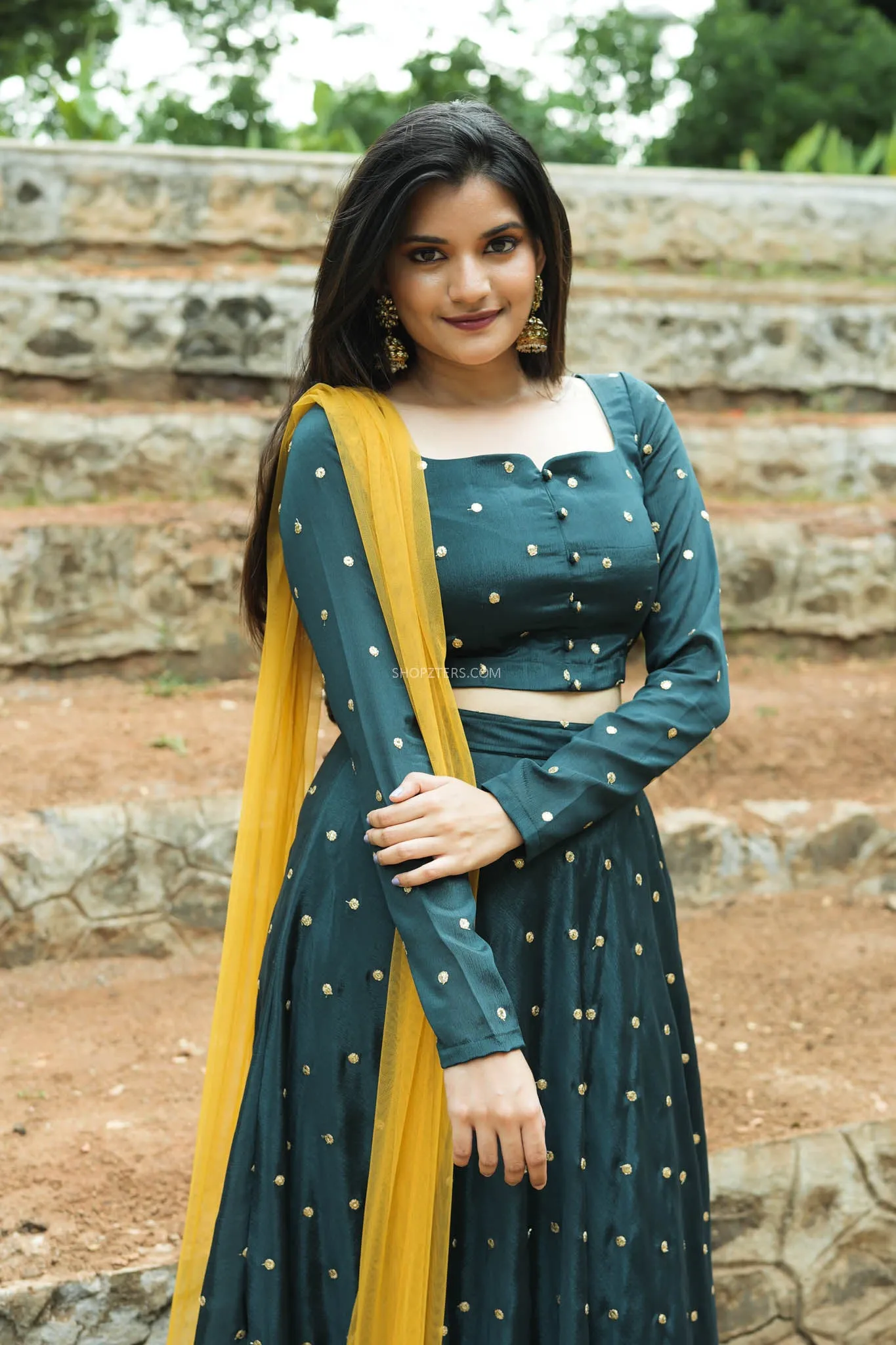 Jade Green Flared Lehenga With Embroidered Buttas