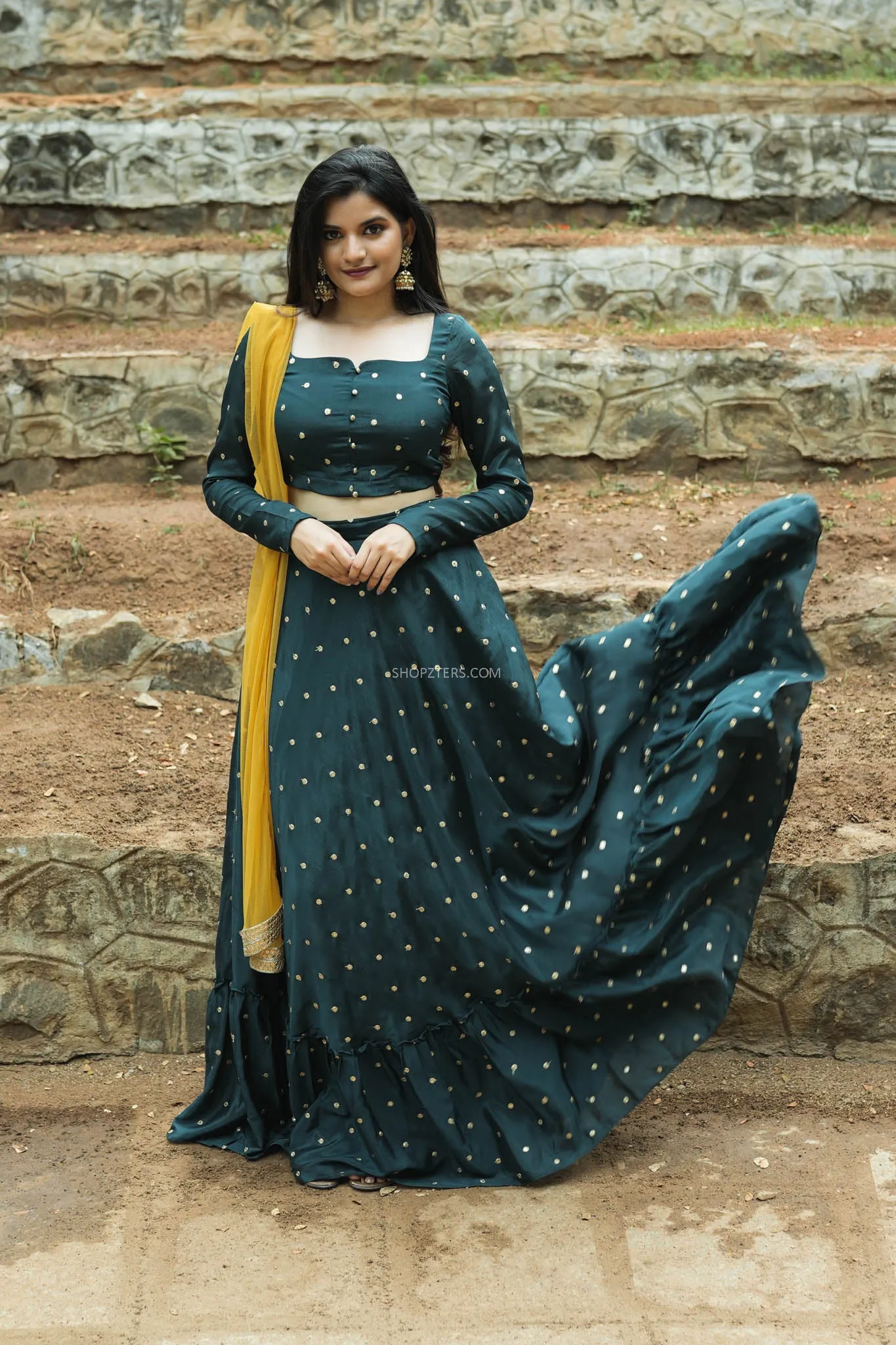 Jade Green Flared Lehenga With Embroidered Buttas